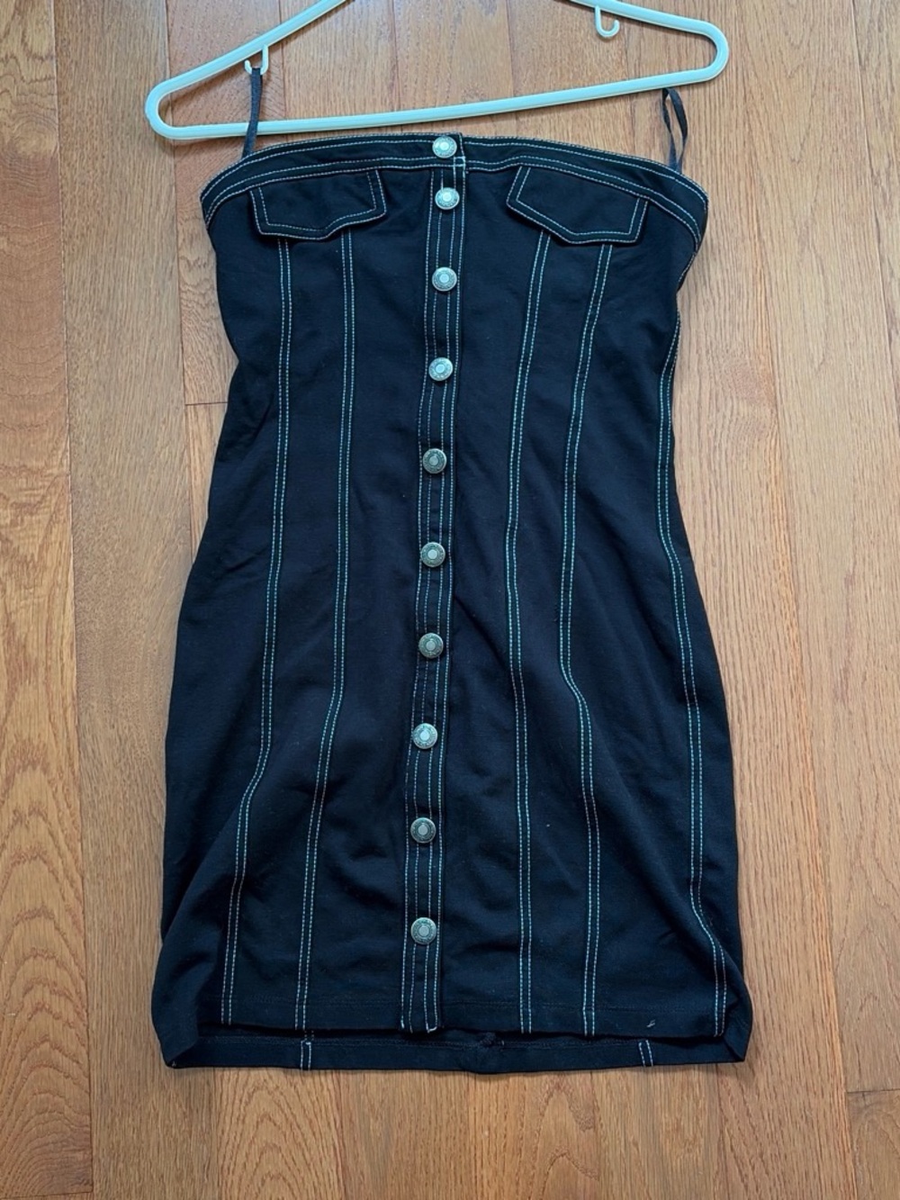 Strapless Black Button-Front Mini Dress with Contrast Stitching
